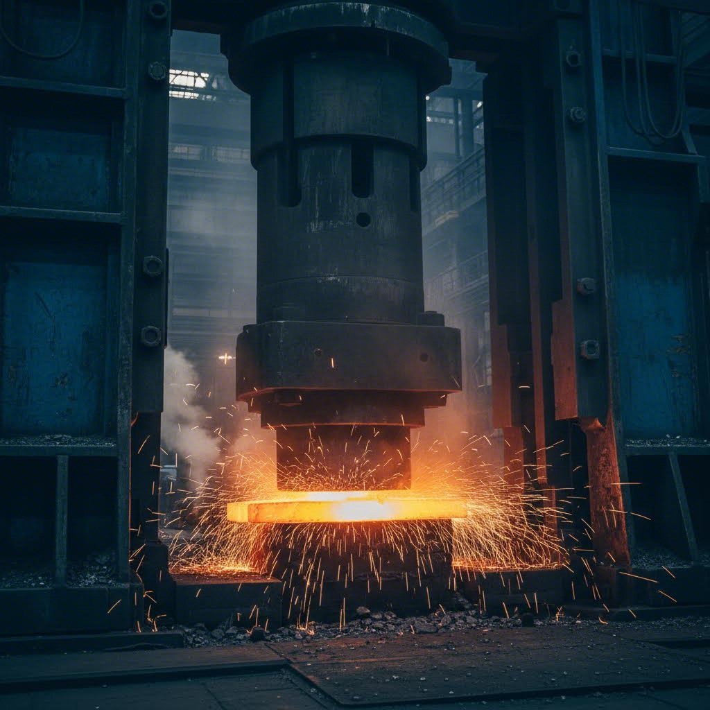 hydraulic forging press shaping heated steel billet into high strength gear components