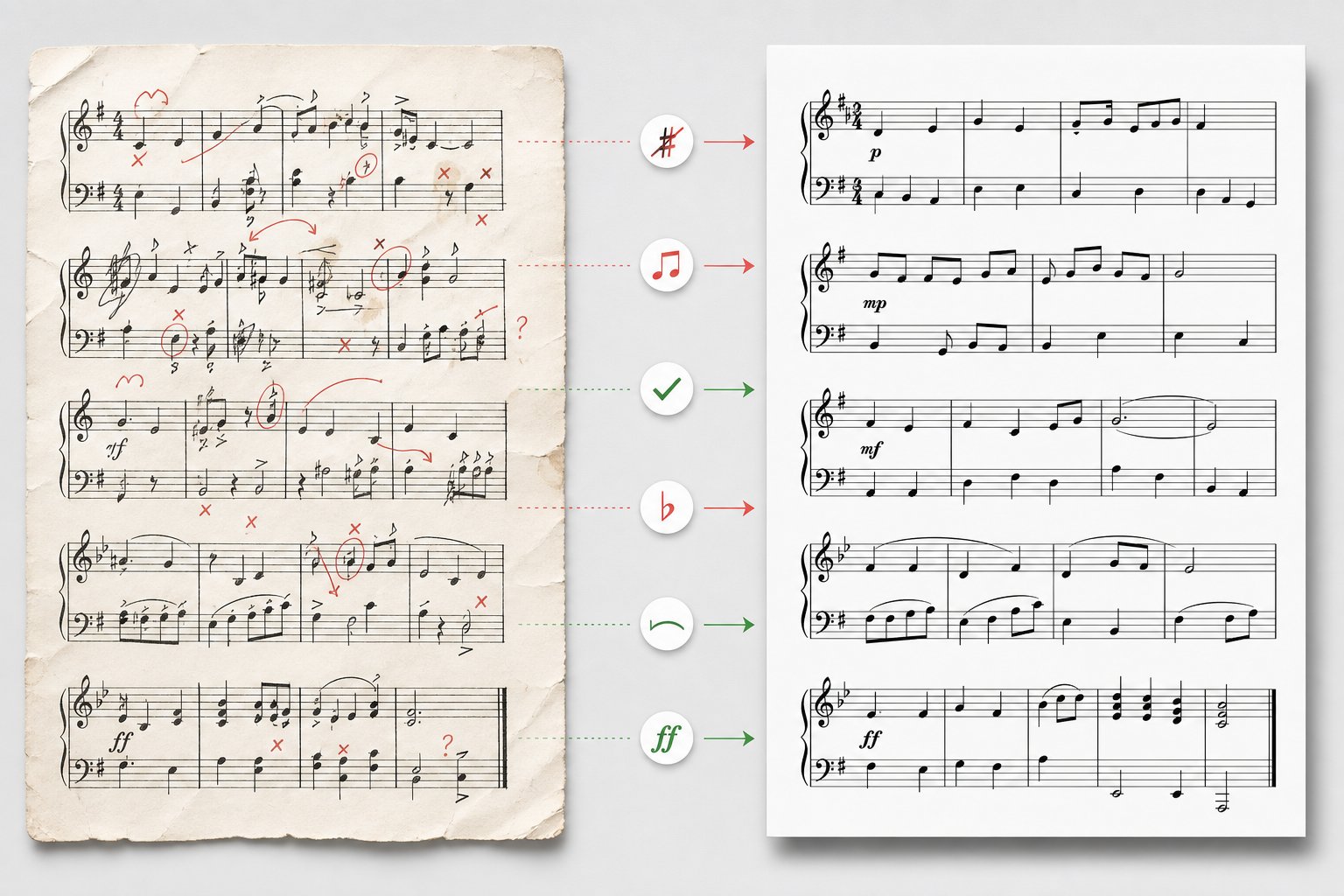 before and after comparison of ai sheet music errors corrected through manual troubleshooting