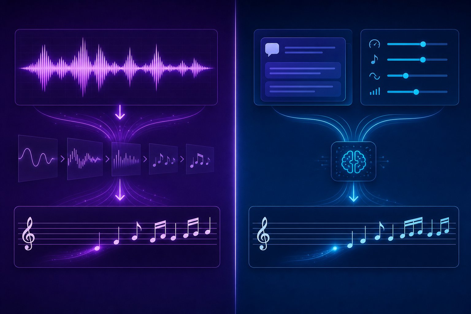 two ai sheet music generation methods audio transcription and prompt based composition