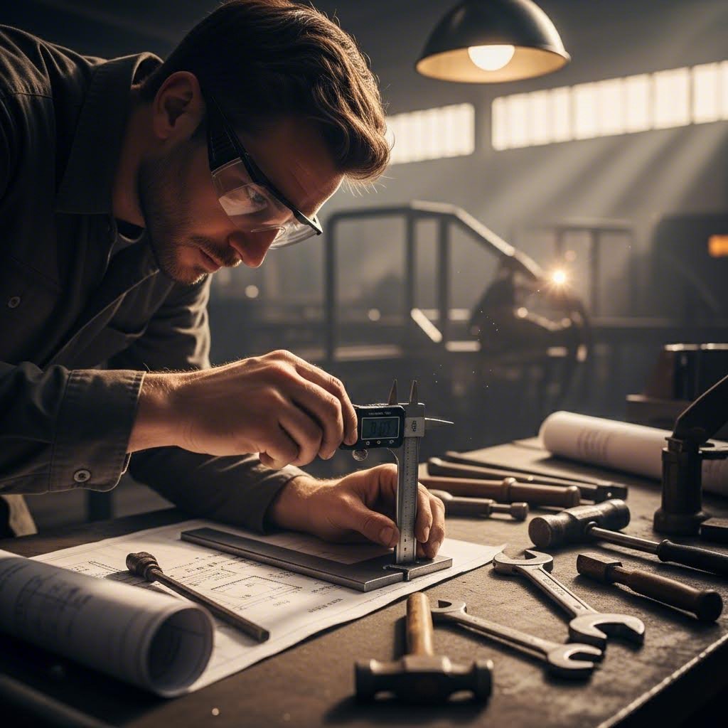 a fabricator performing precision measurements as part of daily quality work