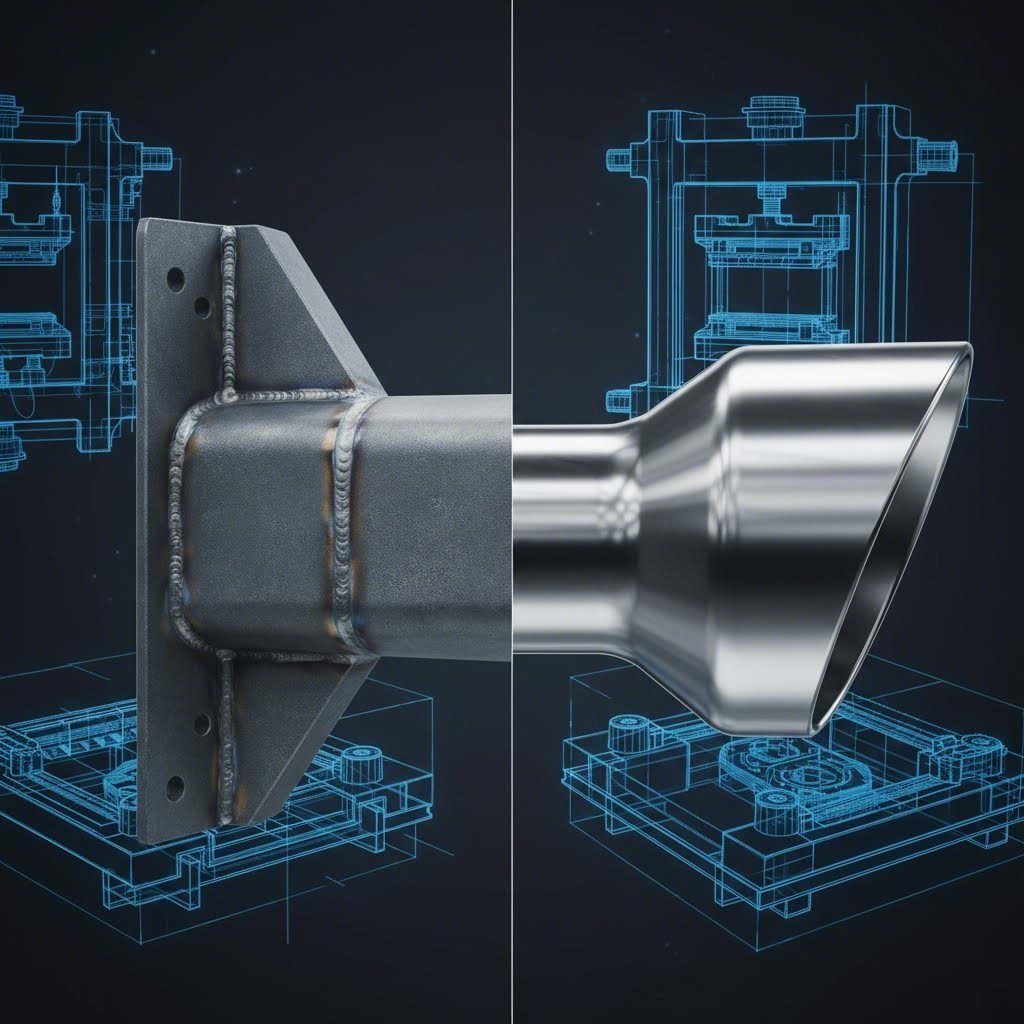 Comparison of ferritic vs austenitic stainless steel exhaust components with technical stamping blueprints