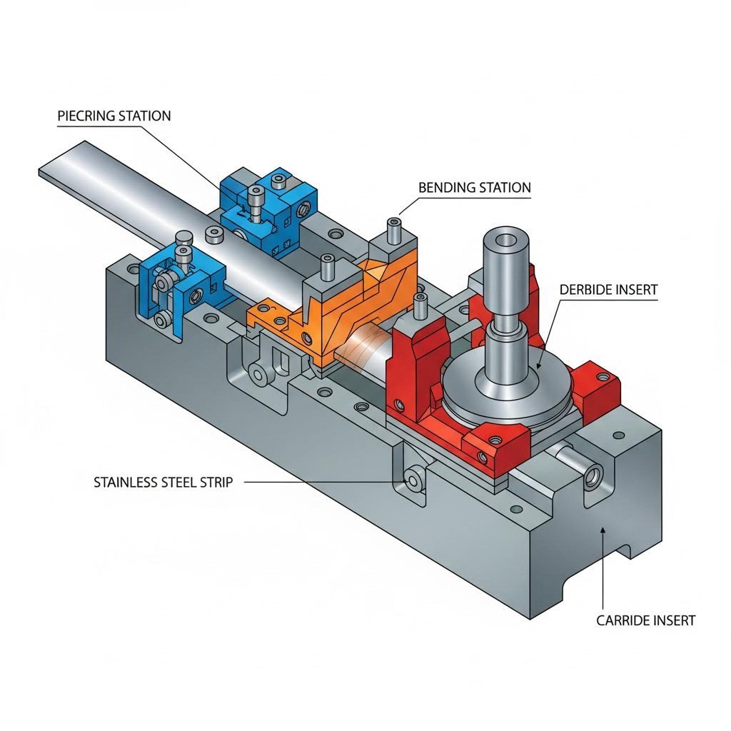 Cross section view of a progressive die designed for stainless steel exhaust parts