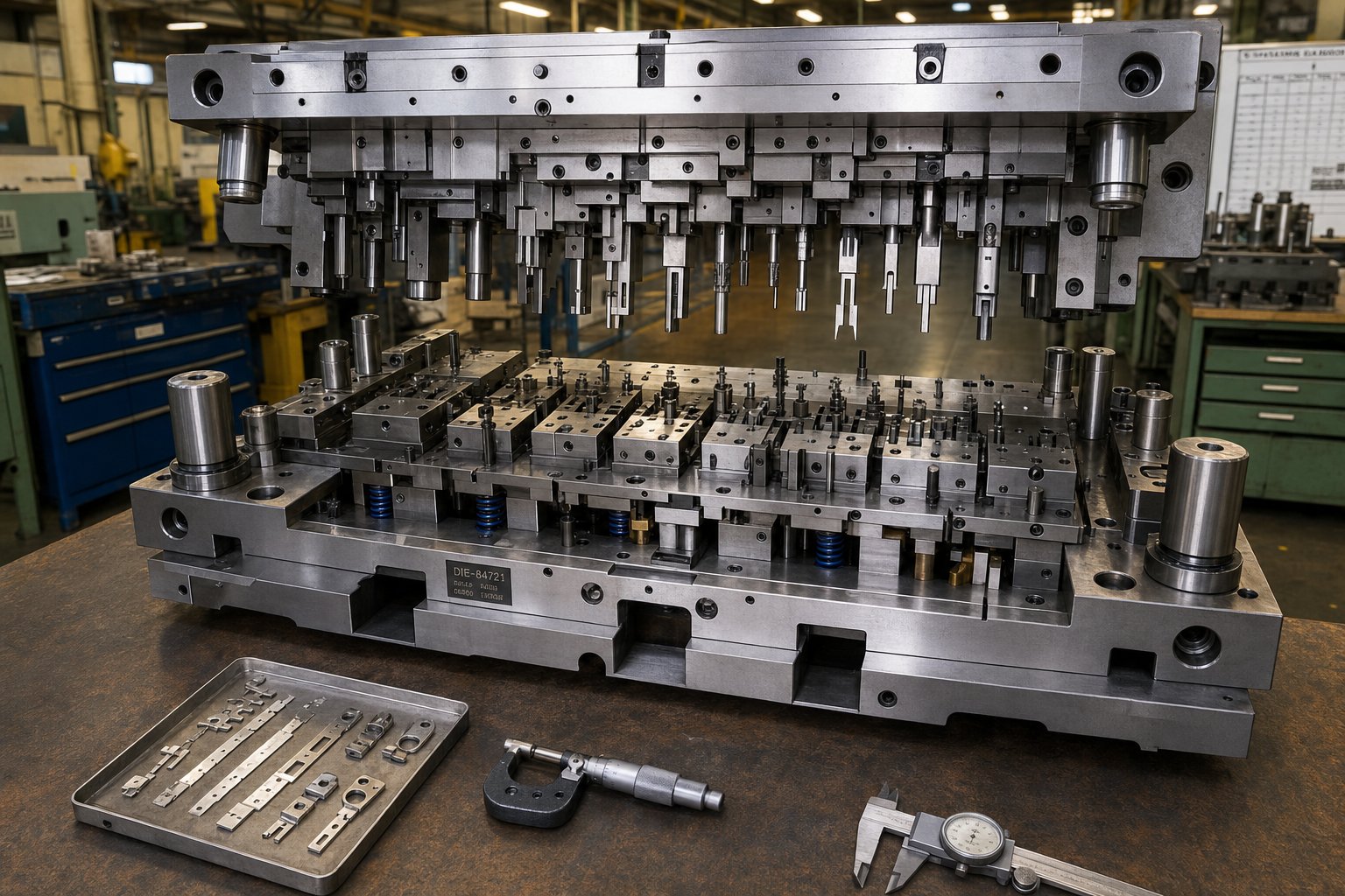 info-1-1 progressive stamping die assembly showing multiple punch stations configured for sequential metal forming operations
