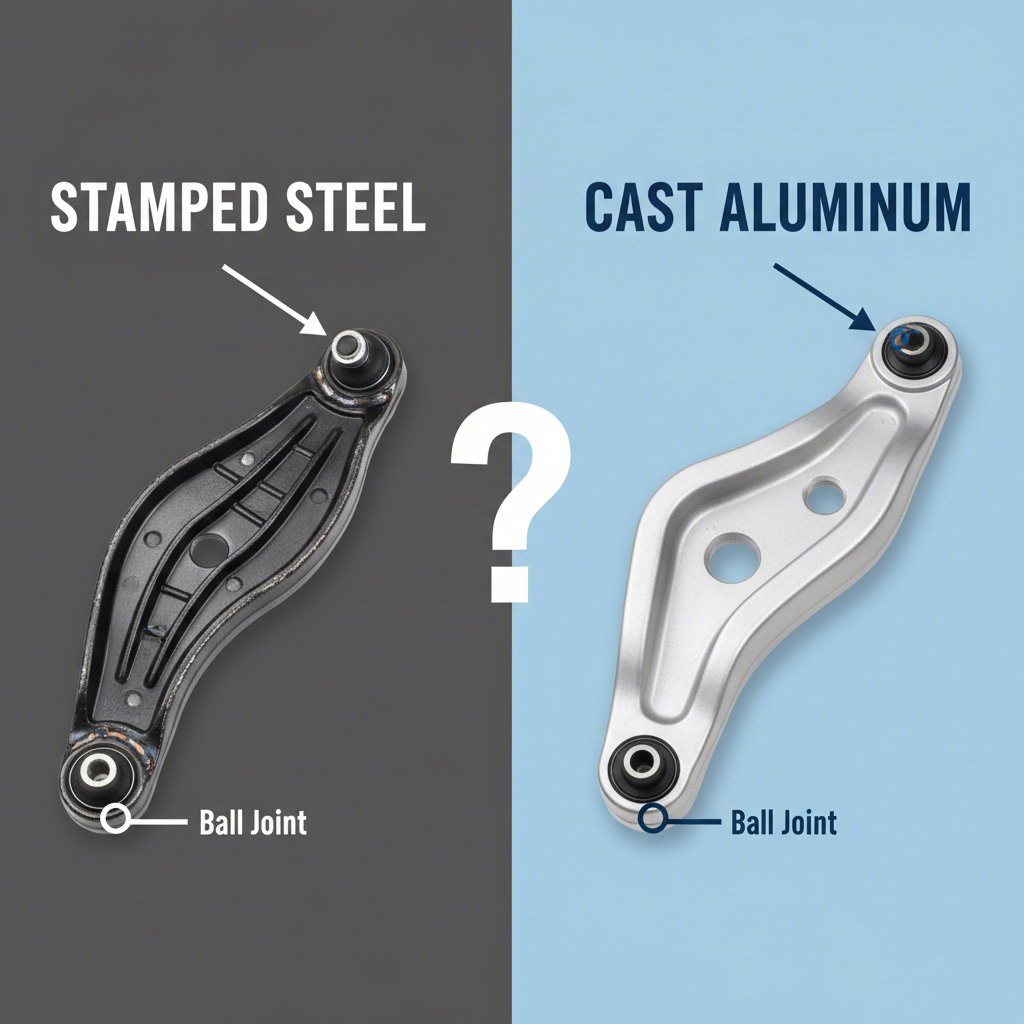 visual comparison of a stamped steel and a cast aluminum control arm