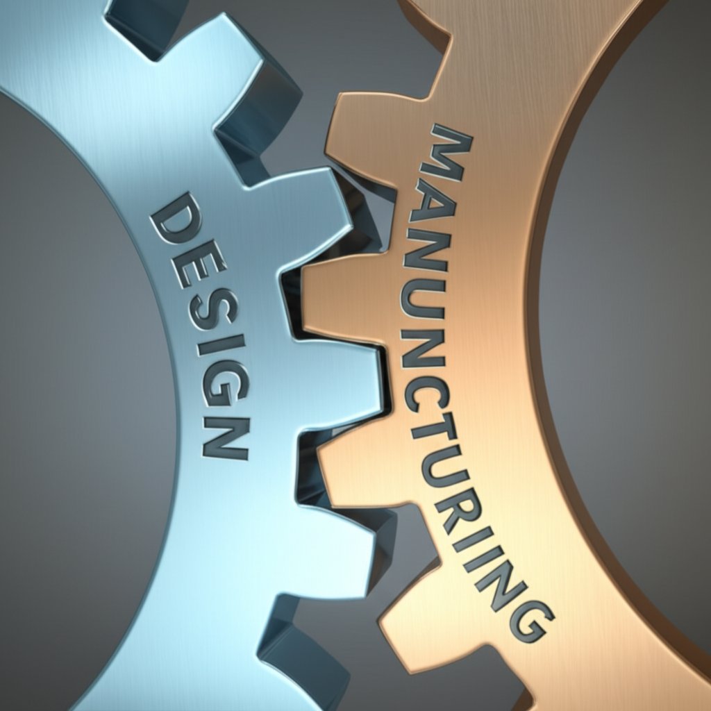 abstract art of interlocking gears representing the harmony between design and manufacturing