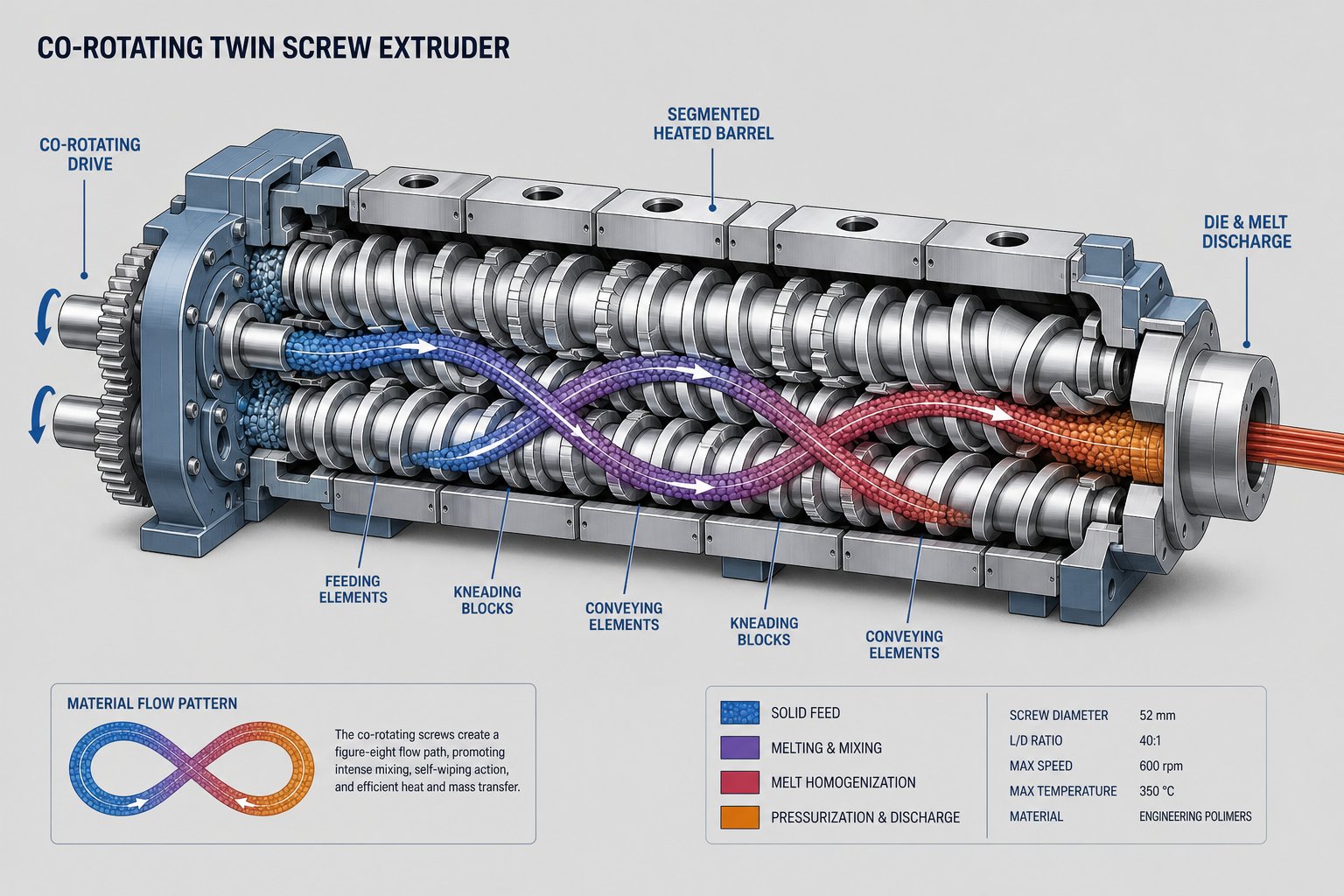 co rotating twin screw extruder with modular screw elements showing the figure eight material flow path between self wiping screws