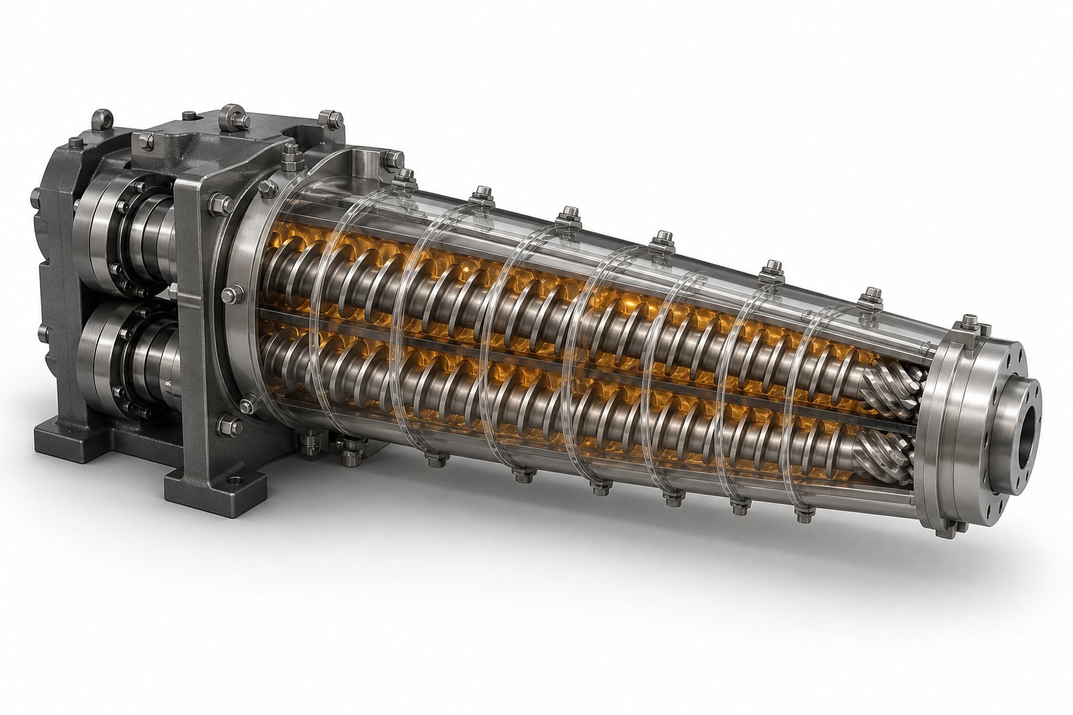 counter rotating conical twin screw extruder showing c shaped sealed chambers that enable positive displacement material transport