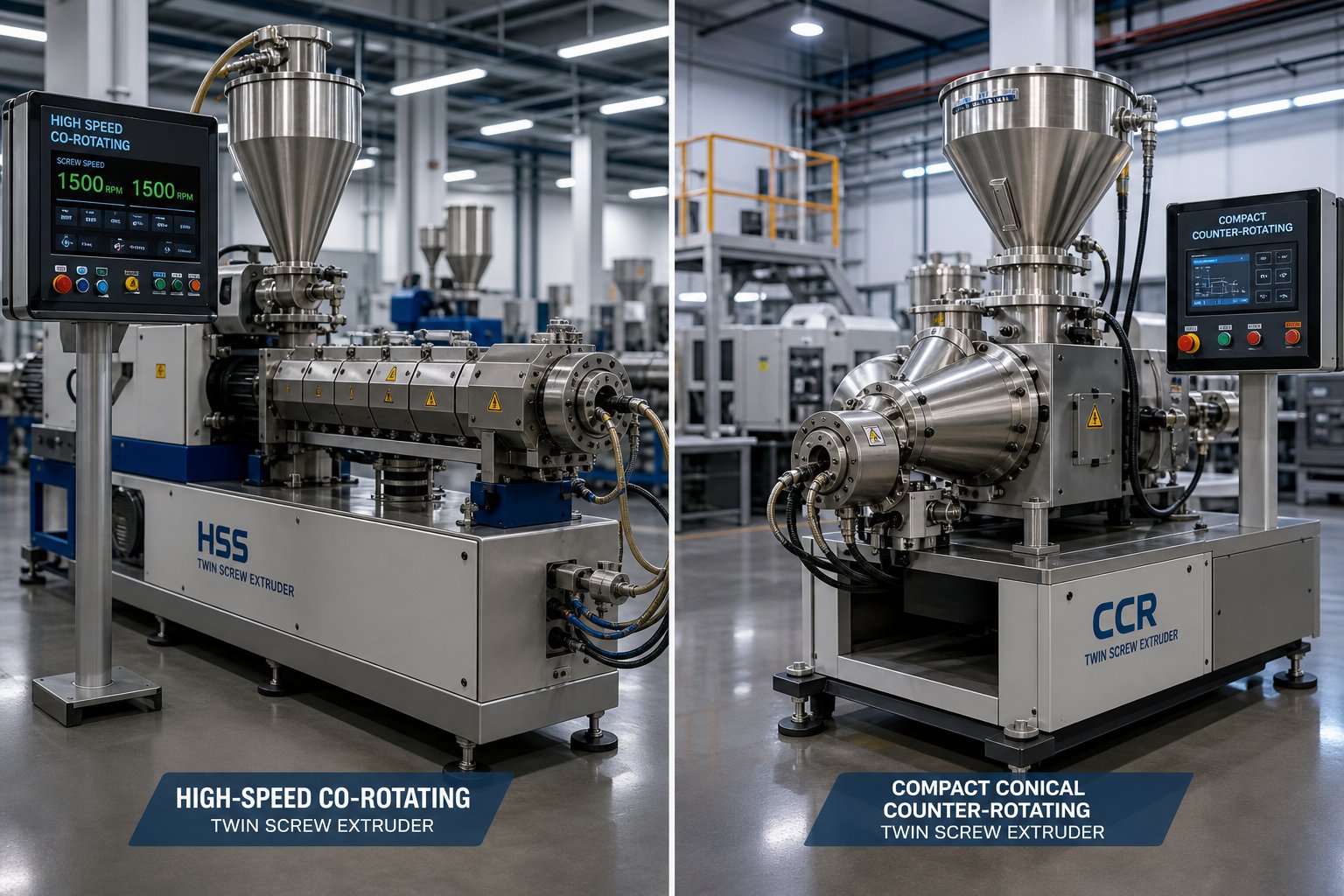 side by side comparison of a co rotating and counter rotating twin screw extruder setup in a modern production environment