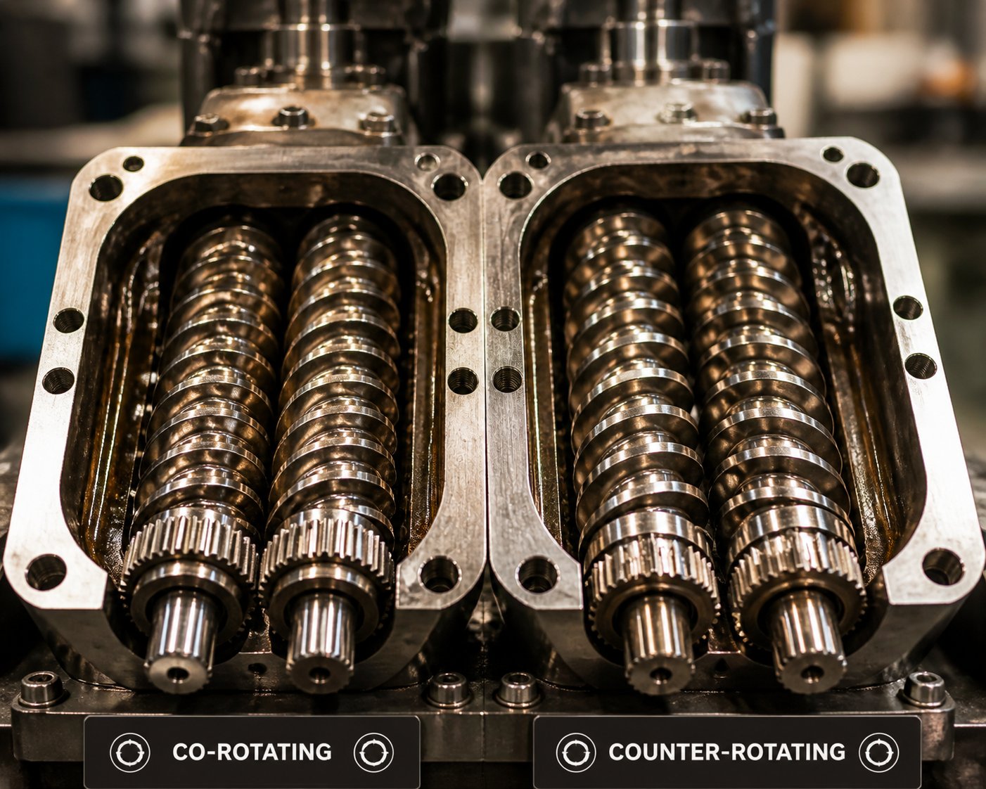twin screw extruder screws illustrating co rotating and counter rotating configurations inside a precision machined barrel