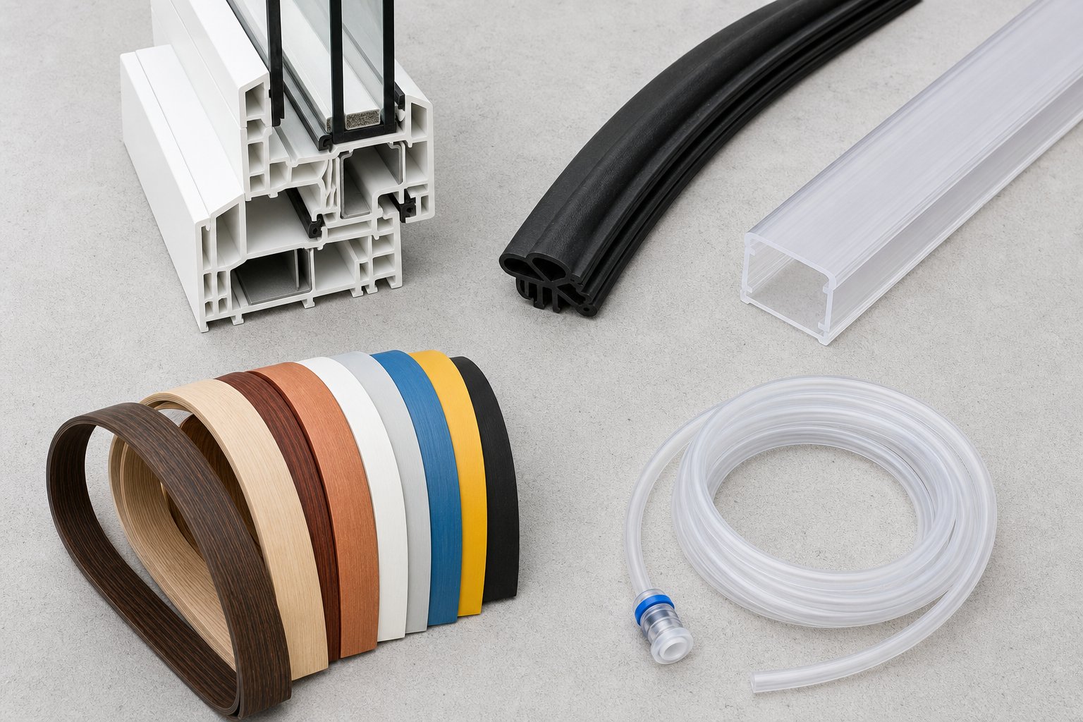 assorted extruded plastic profiles representing construction automotive electrical and medical applications