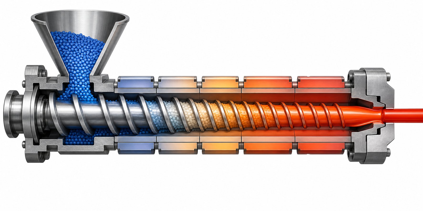 cutaway view of an extruder screw barrel showing feed compression and metering zones during polymer melting