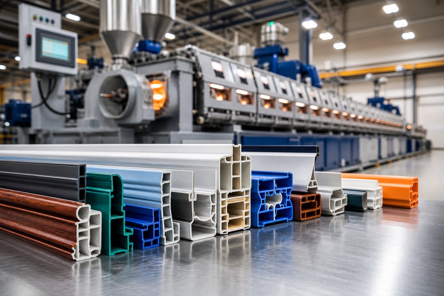 finished extruded plastic profiles with complex cross sections displayed alongside a modern profile extrusion production line