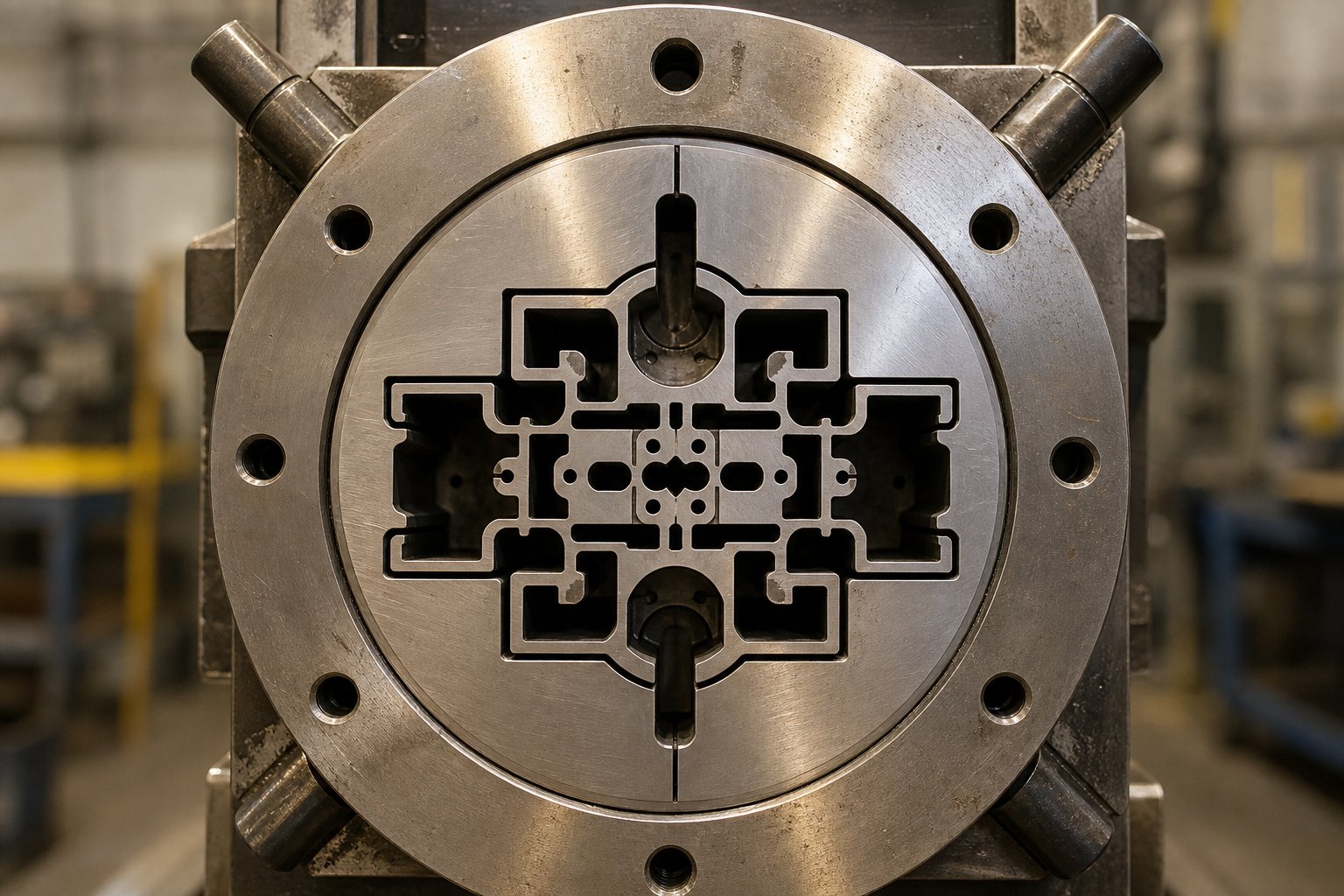 precision machined extrusion die face showing a complex multi chamber profile opening in hardened tool steel