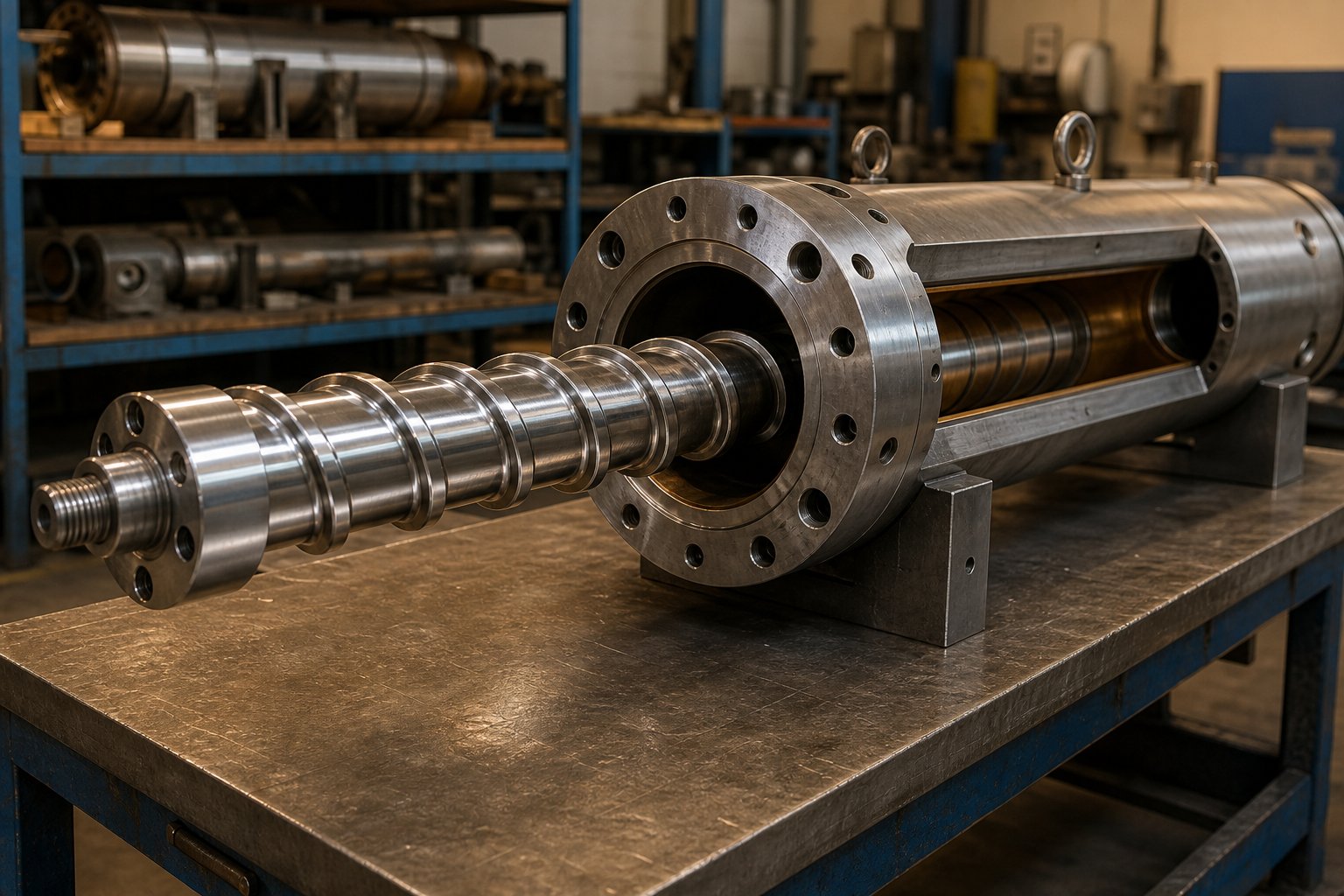 single screw barrel assembly for profile extrusion with screw partially withdrawn to reveal internal flight geometry