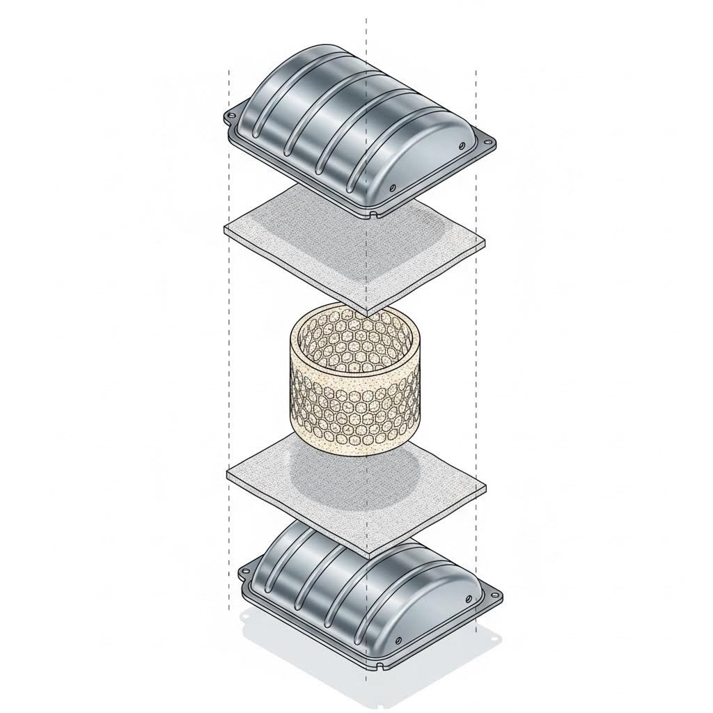 Exploded view of stamped catalytic converter clam shell assembly