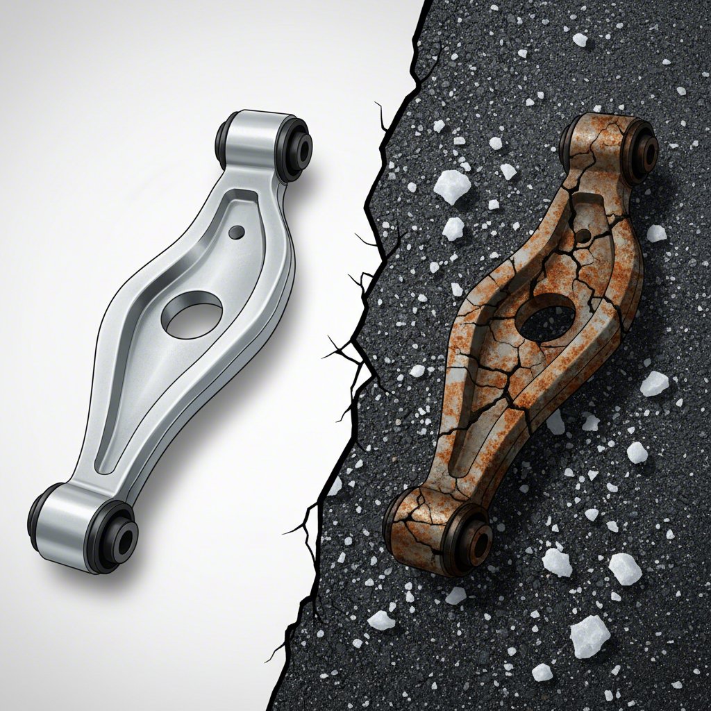 comparison of a new stamped steel control arm versus one damaged by rust and corrosion