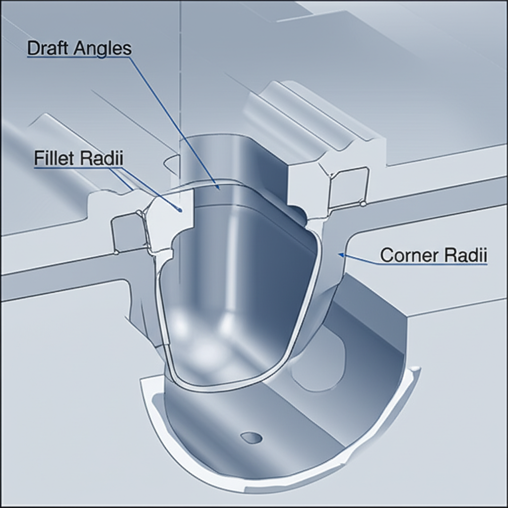 a technical diagram showing key forging die design elements like draft angles and radii