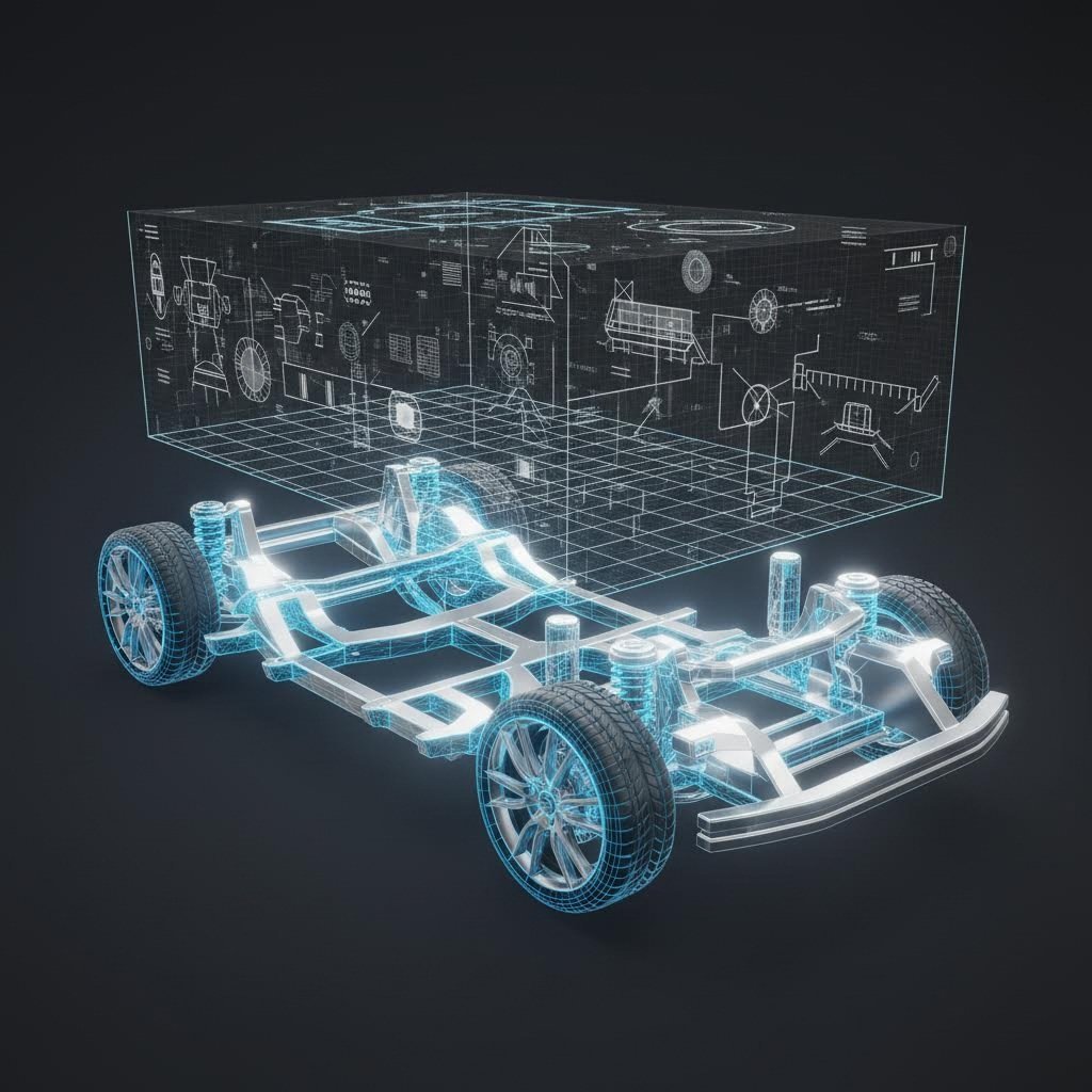 Digital wireframe transitioning to physical metal automotive part