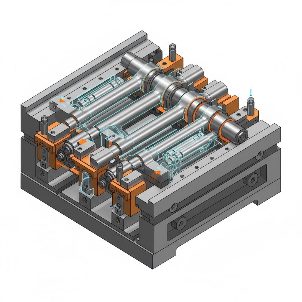 Progressive die strip showing sequential metal forming steps