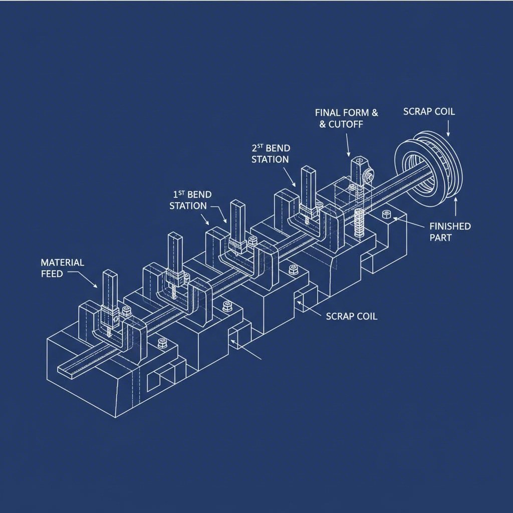 Progressive die process showing parts attached to a continuous carrier strip
