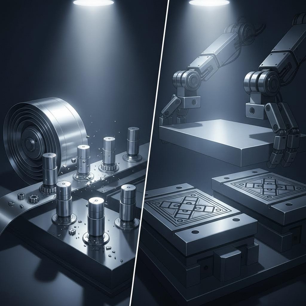 Side by side comparison of progressive die strip feeding vs transfer die mechanical handling