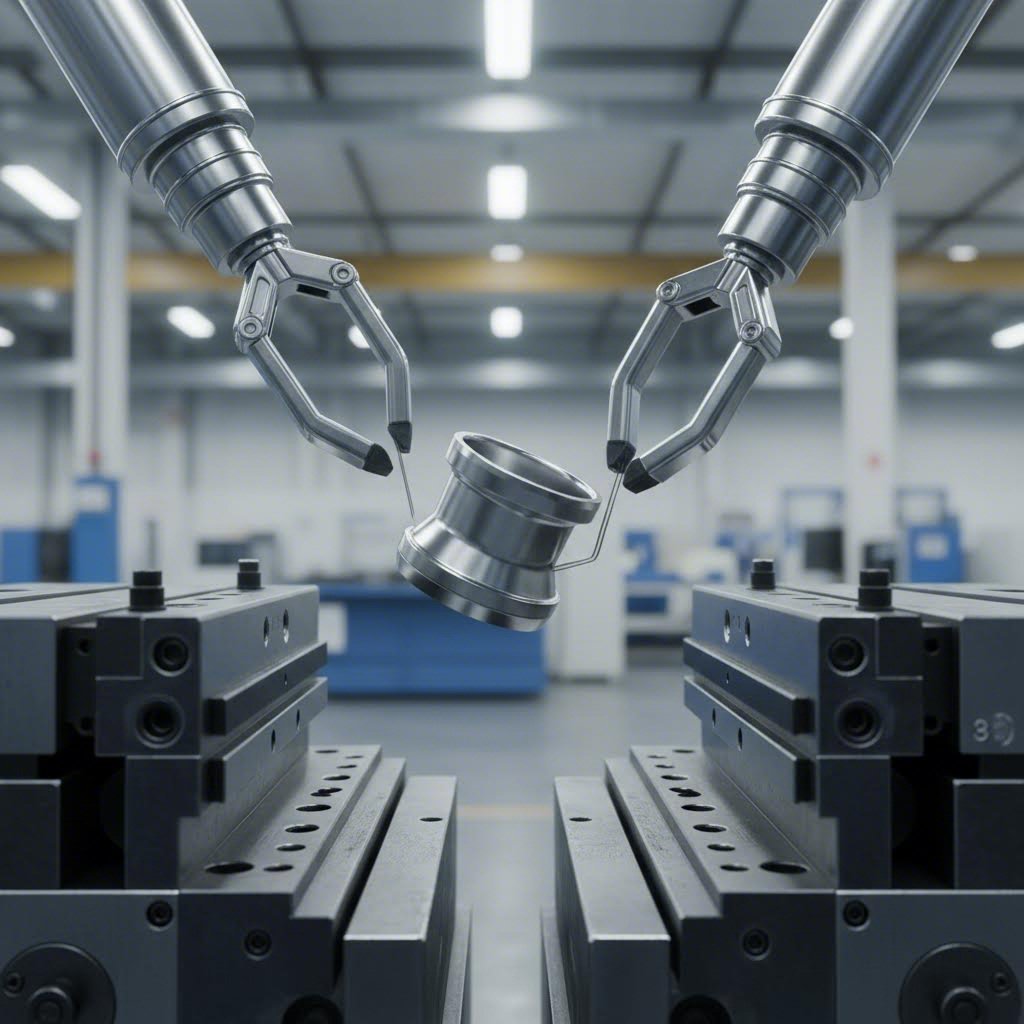 Transfer die system using mechanical arms to move independent parts between stations