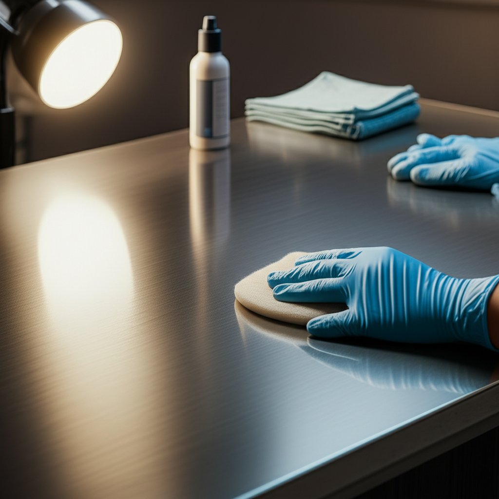 a spotless brightened aluminum surface with cleaning tools and safety gear in a workshop