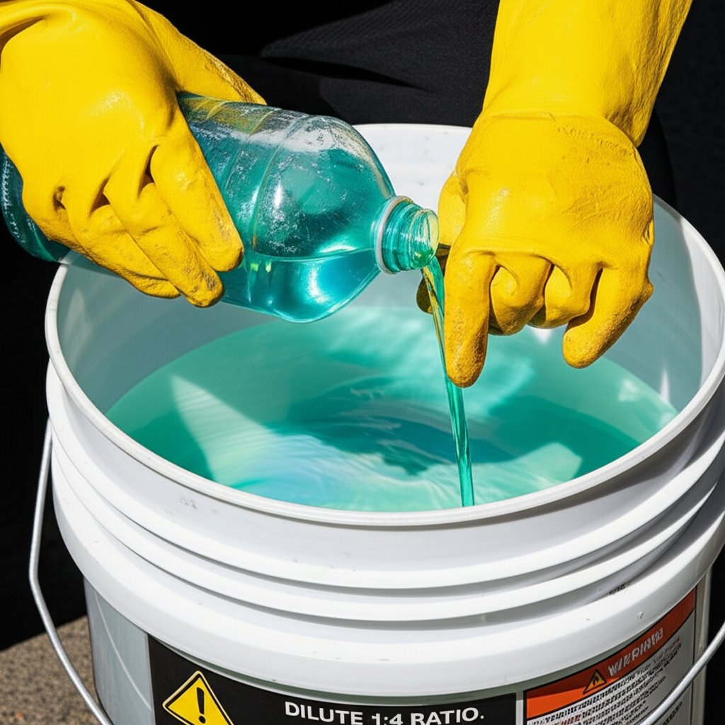 safe dilution of aluminum brightener concentrate into water with protective gloves