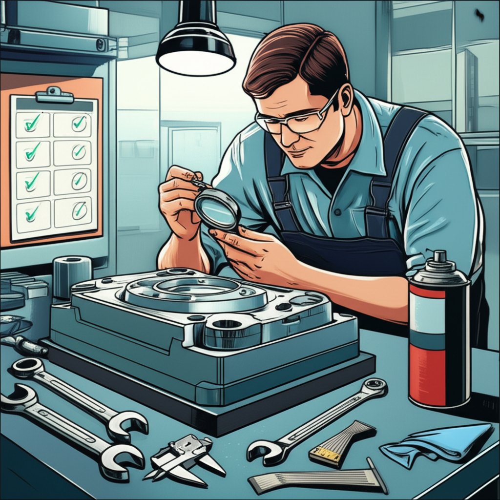 maintenance checklist and technician inspecting a stamping die set