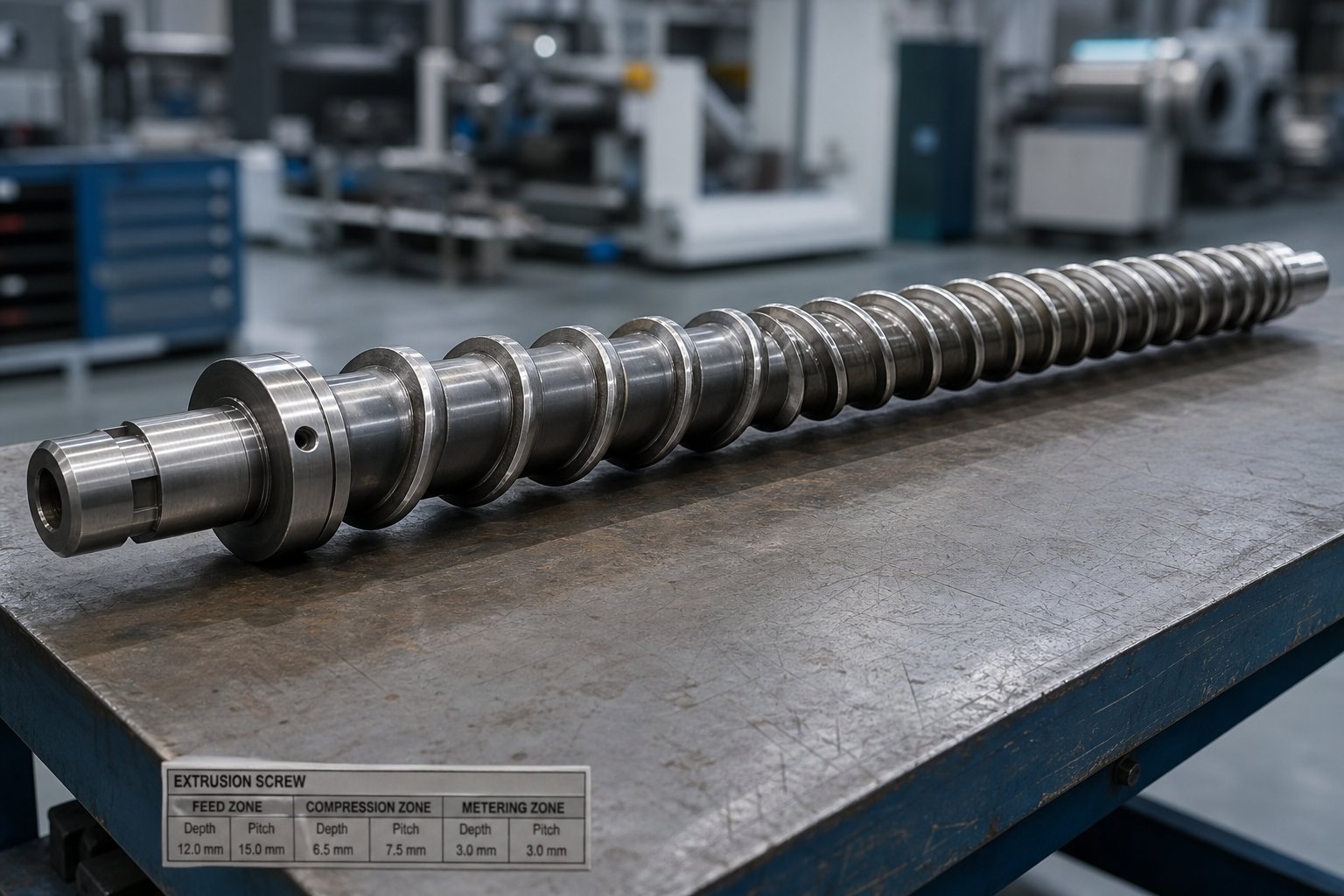 precision extrusion screw designed for processing engineering plastics showing specialized flight geometry for demanding polymer compounds
