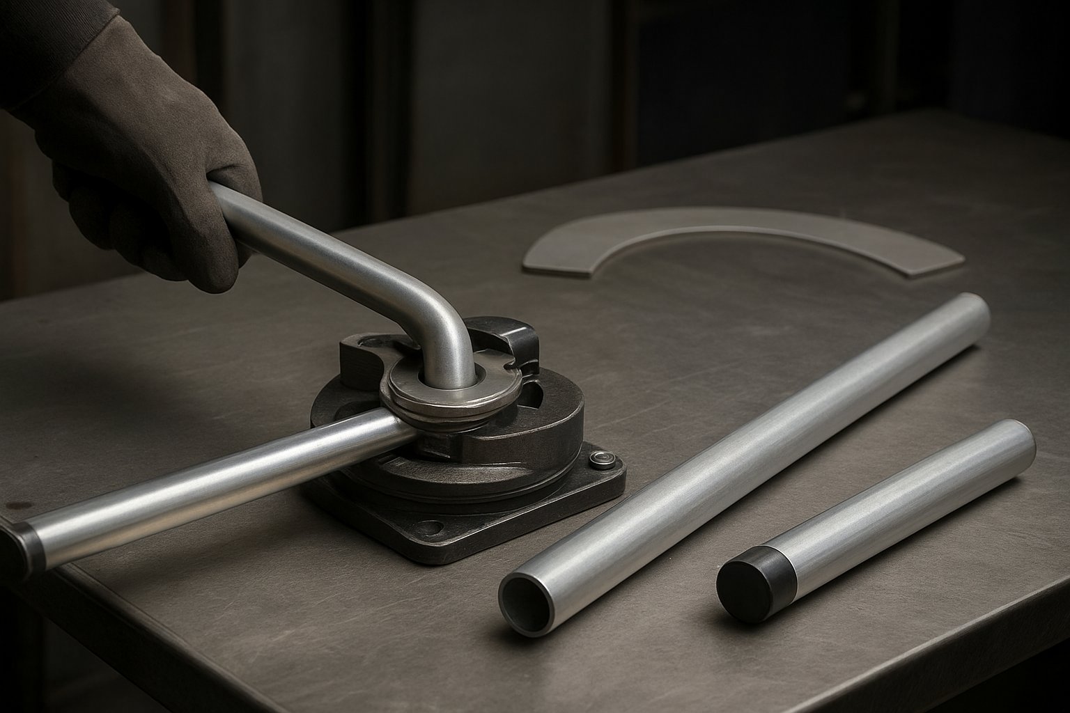 aluminum pipe aligned in a bender before a controlled bend