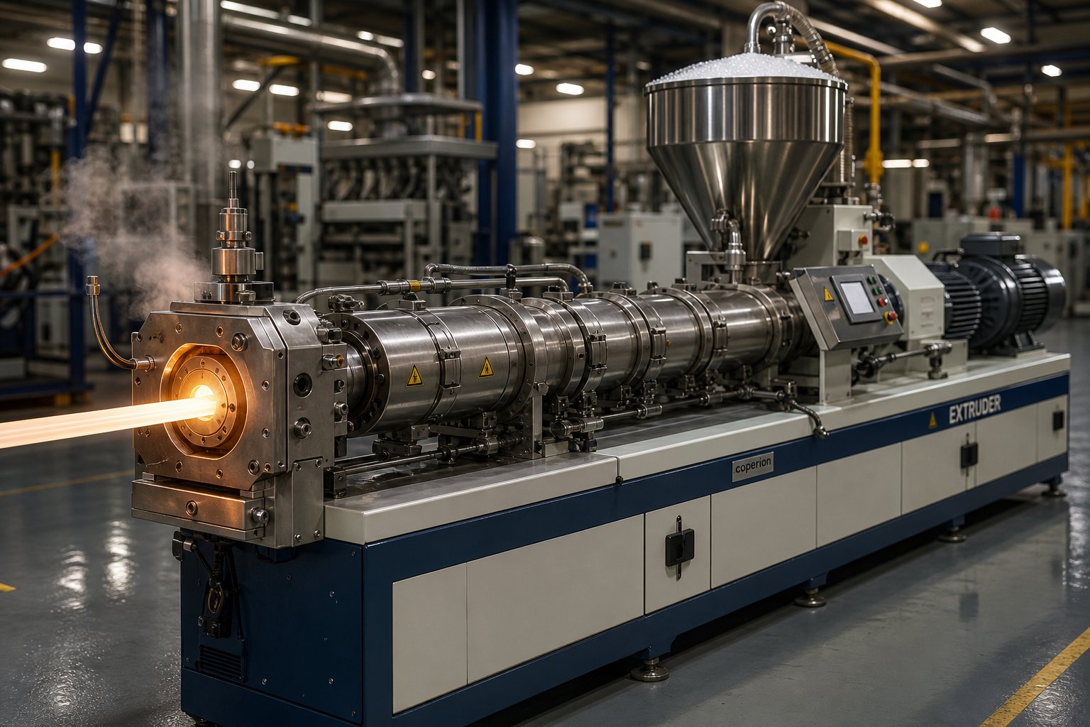 a single screw plastic extruder on a production floor showing the hopper heated barrel and die assembly that form the core of continuous plastics processing