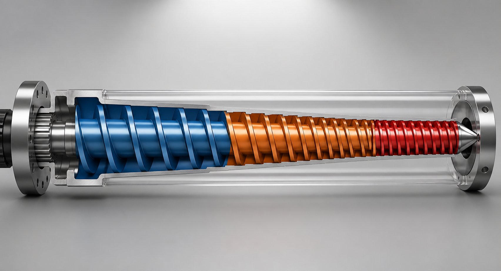 cutaway view of the three functional zones of a single screw extruder feed compression and metering sections with progressively changing channel depths