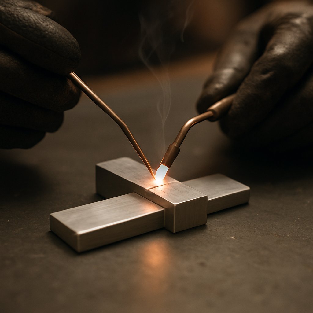 clamped aluminum joint being heated and soldered in sequence