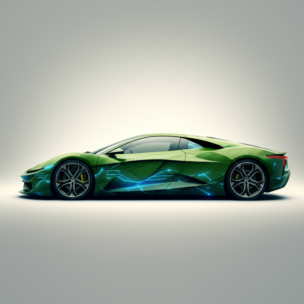 conceptual art representing the synergy of nature and technology in eco friendly car manufacturing
