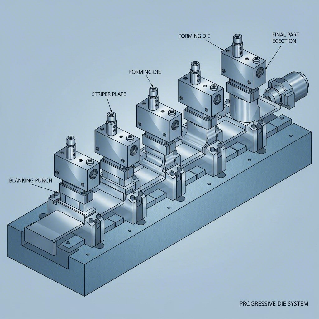 progressive die stamping setup with multiple forming stations