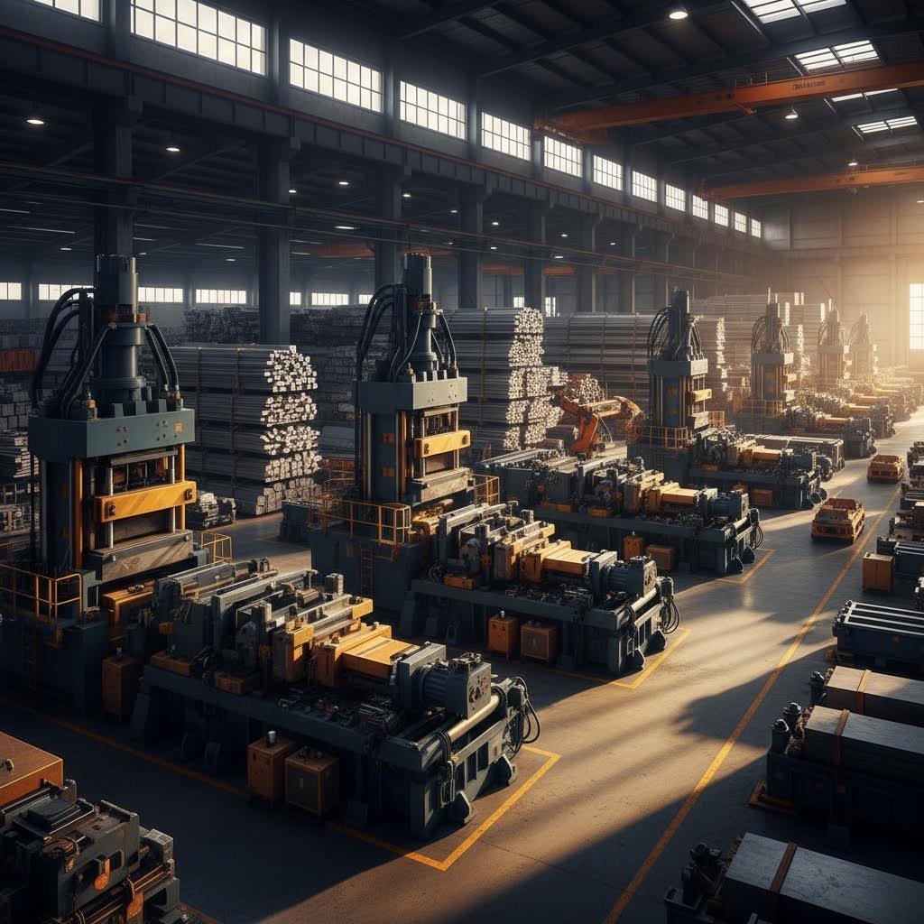 modern aluminum extrusion manufacturing facility with multiple production lines