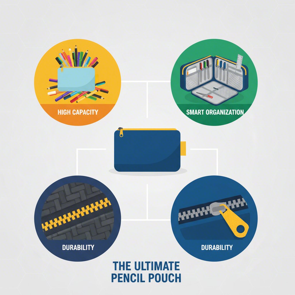 icons representing the key features to look for in a pencil pouch for college