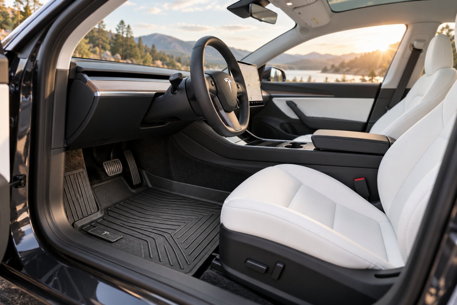 all weather floor mats fitted inside a tesla model 3 cabin for complete footwell protection