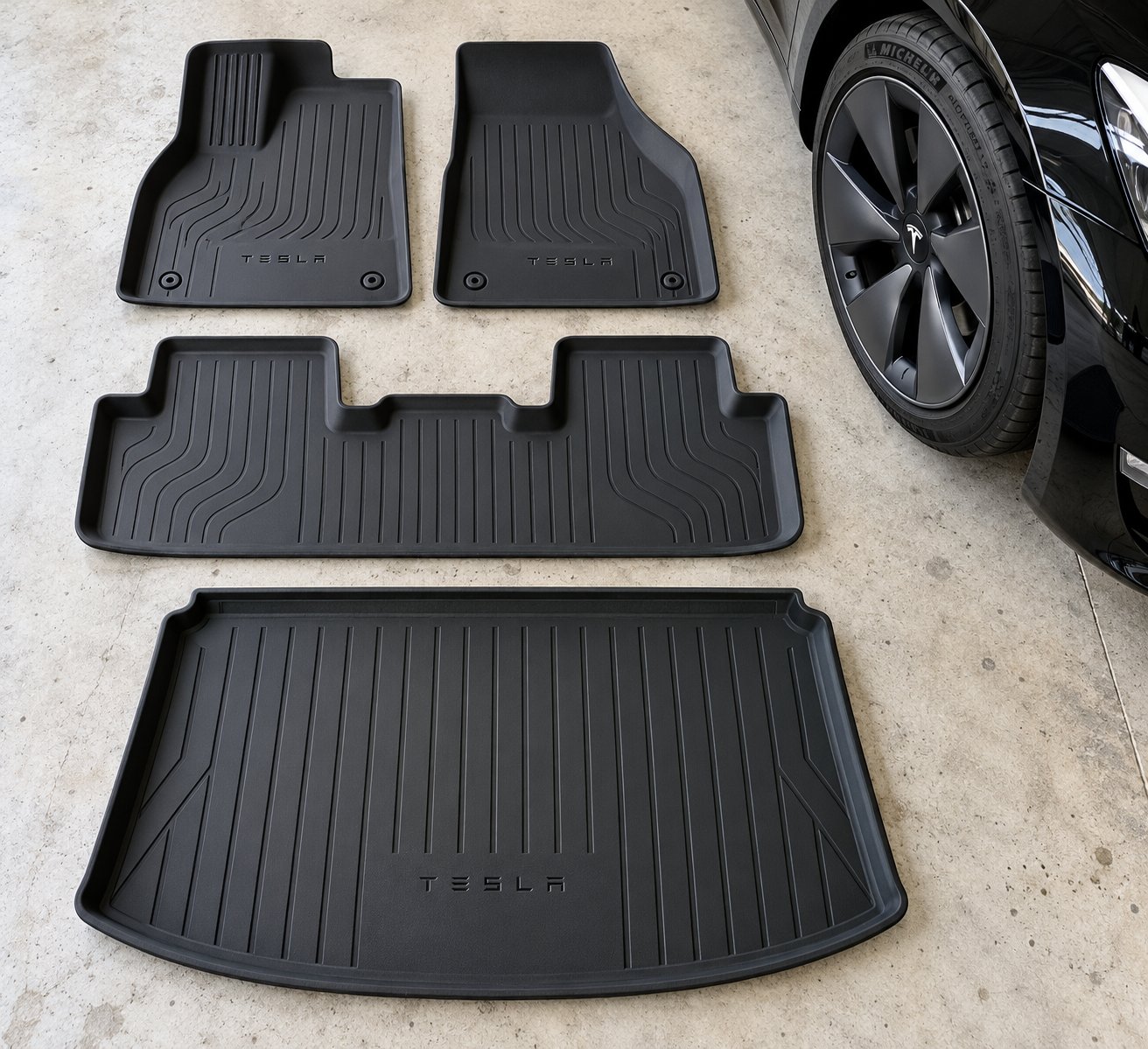 complete tesla model 3 floor mat and cargo liner set ready for installation