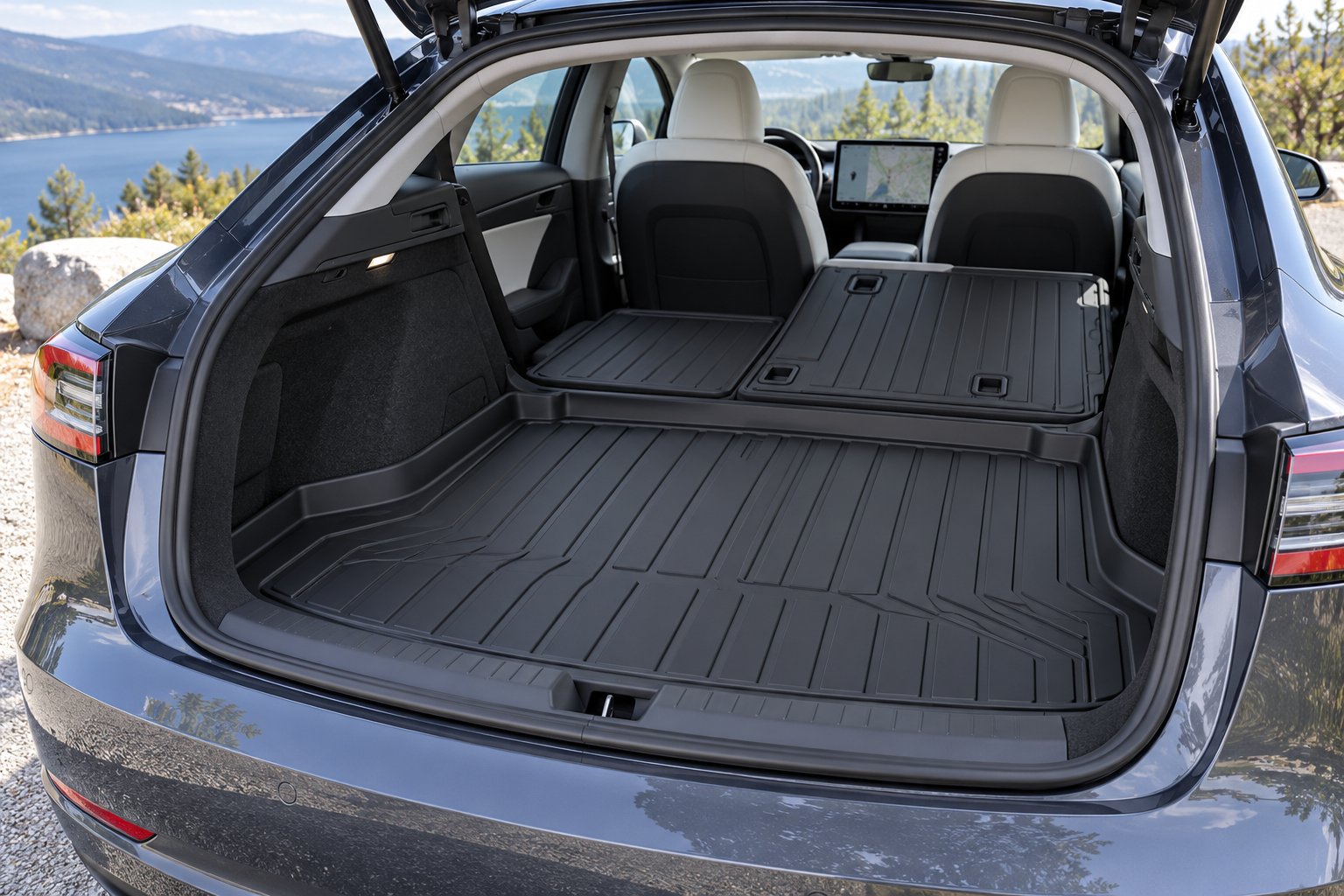 tesla model 3 trunk liner and rear seatback protector providing full cargo area coverage
