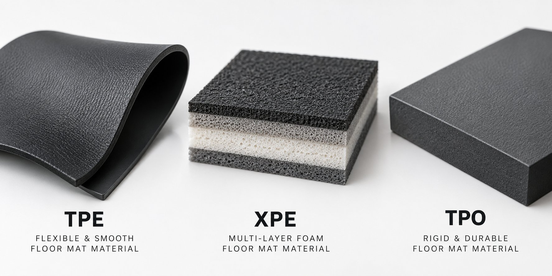 tpe xpe and tpo floor mat material samples showing structural differences