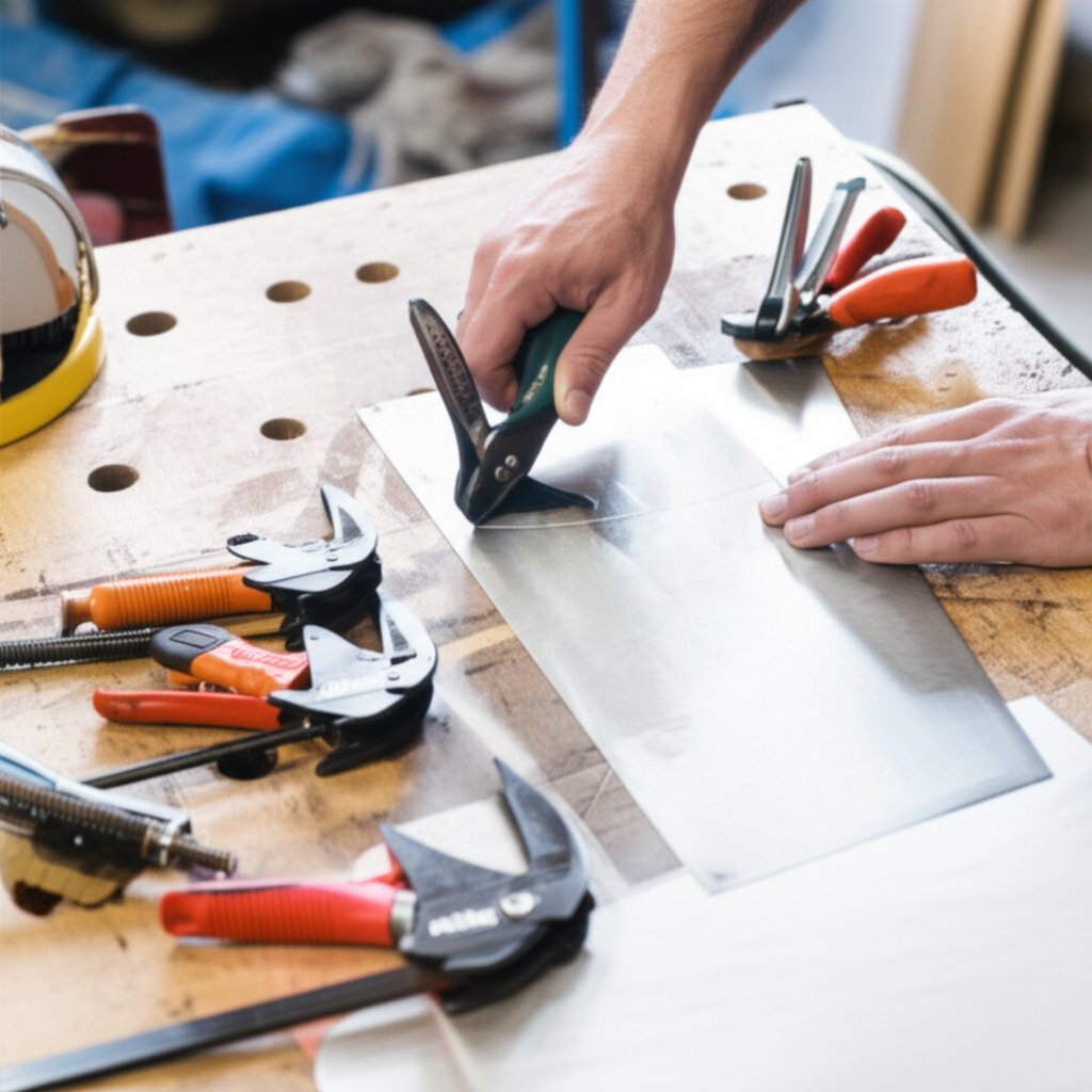 hands preparing to cut a stainless steel sheet with marked lines and cutting tools