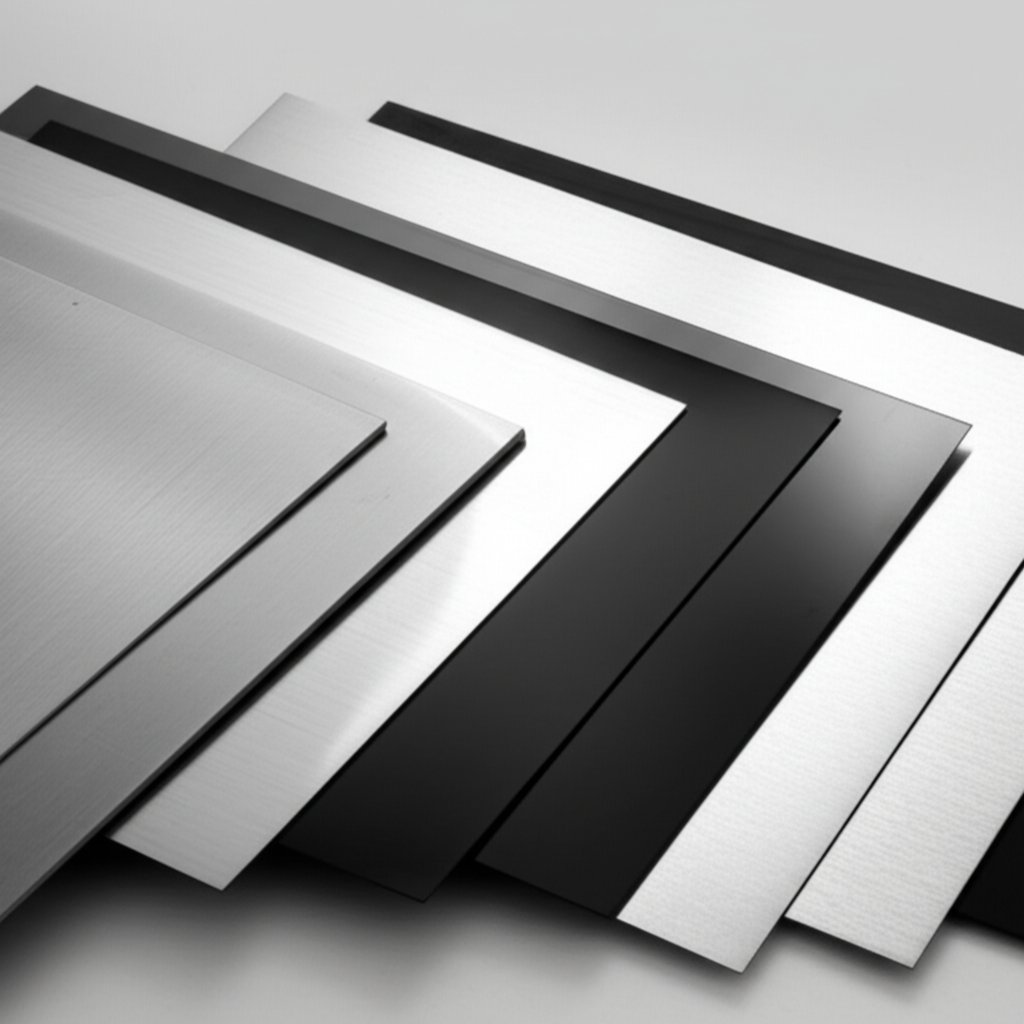 stainless steel sheet samples with matte brushed mirror and black finishes