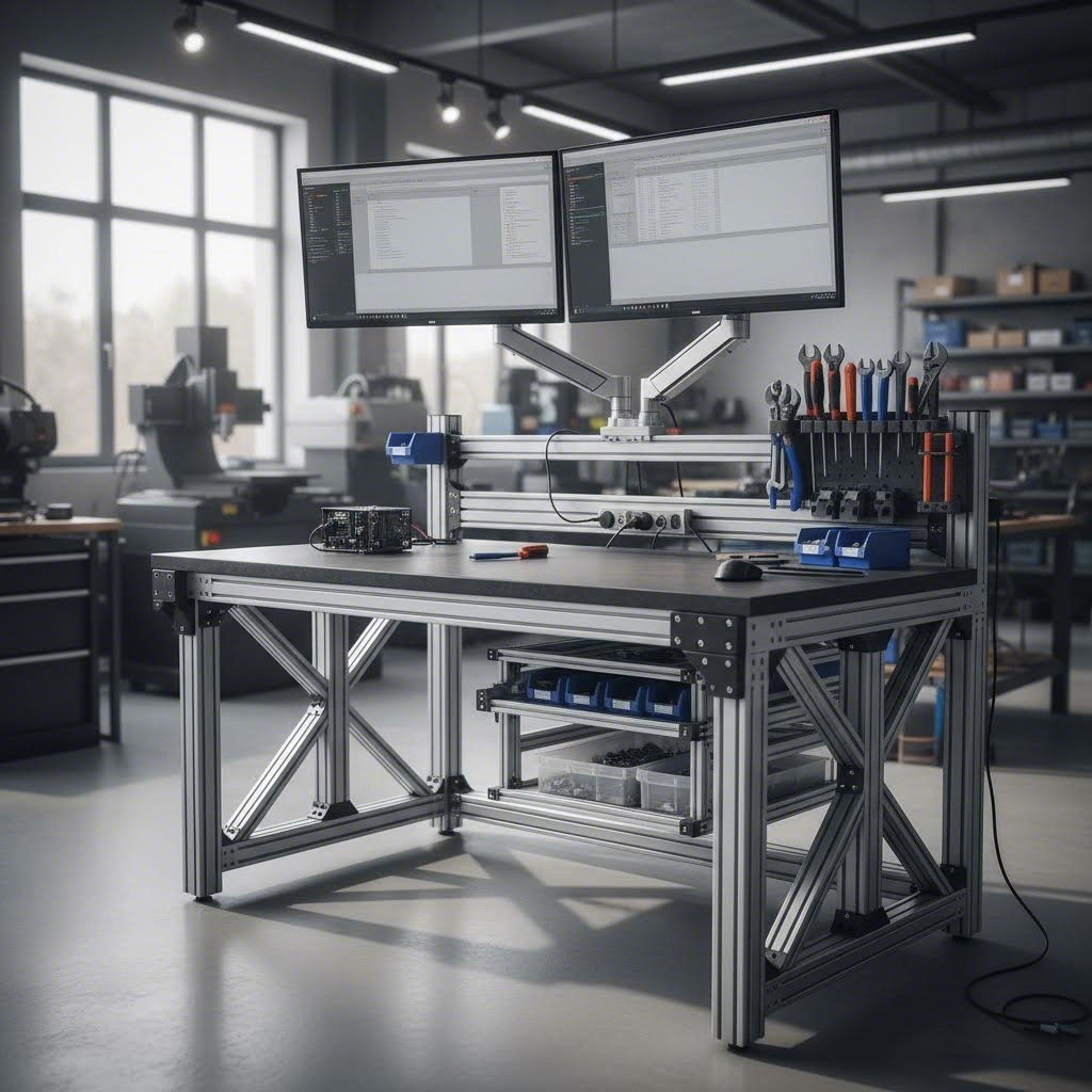 modular aluminum extrusion workbench with customizable accessory mounting points