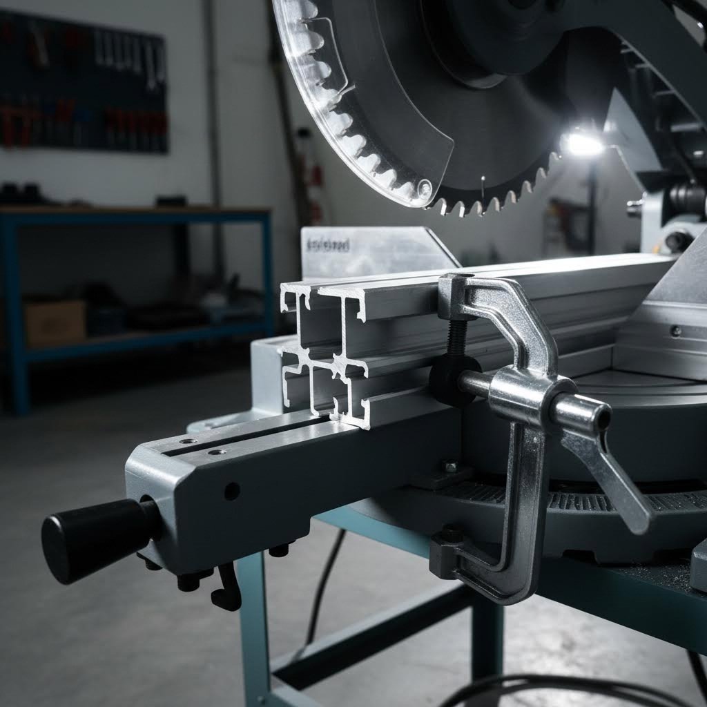 properly clamped aluminum extrusion ready for precision cutting with miter saw
