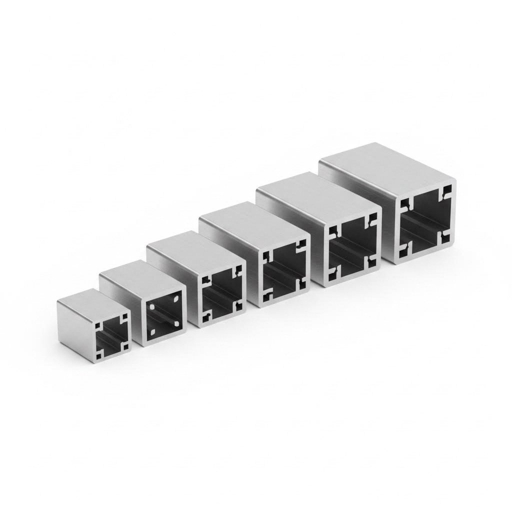 various aluminum extrusion profile sizes showing t slot channels and cross sections