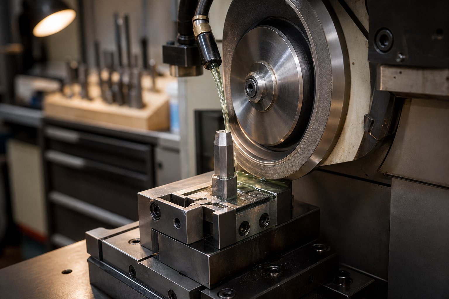 info-1-1 diamond wheel regrinding a carbide stamping punch with coolant flow to prevent thermal damage