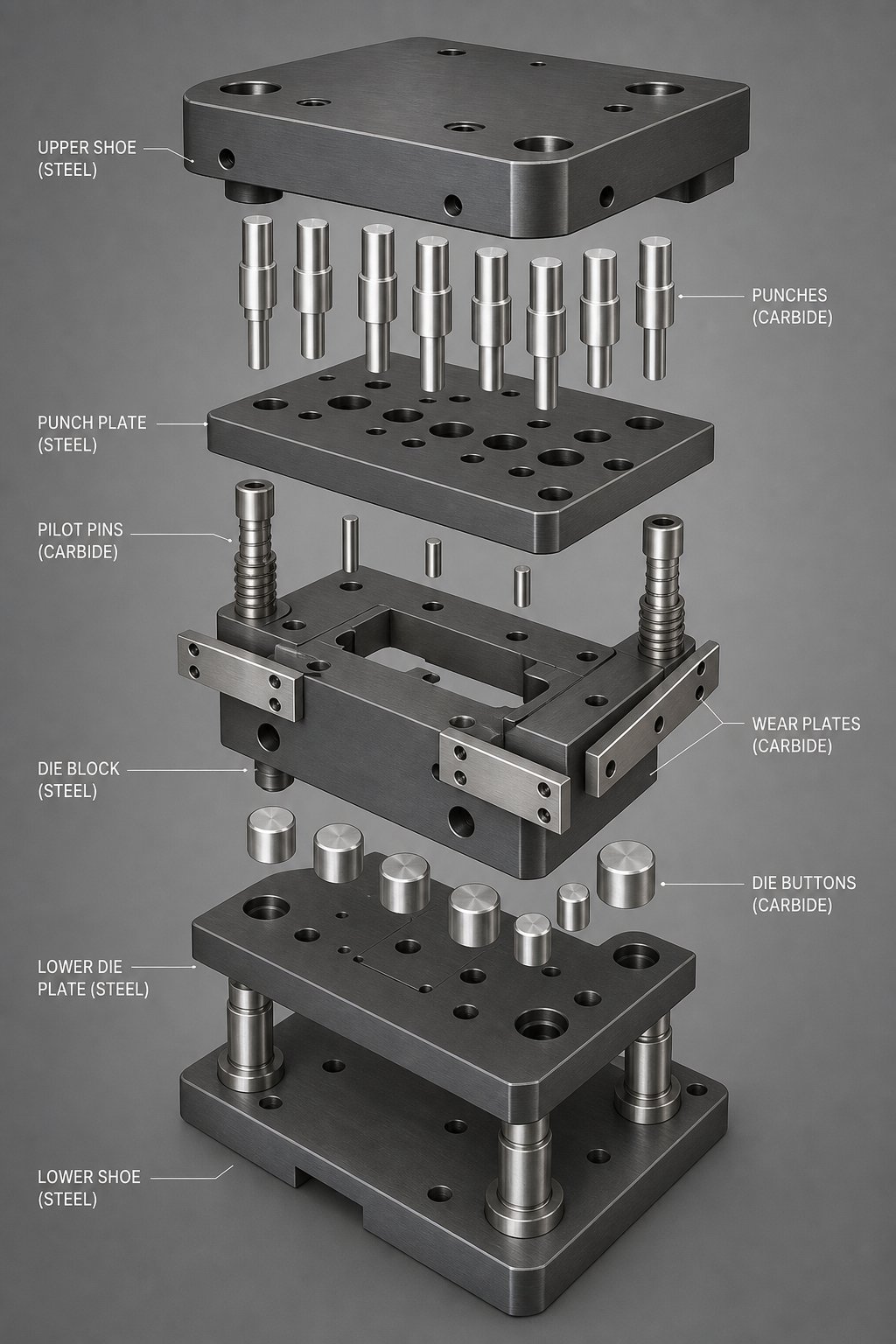info-1-1 exploded view of carbide components positioned within a stamping die assembly