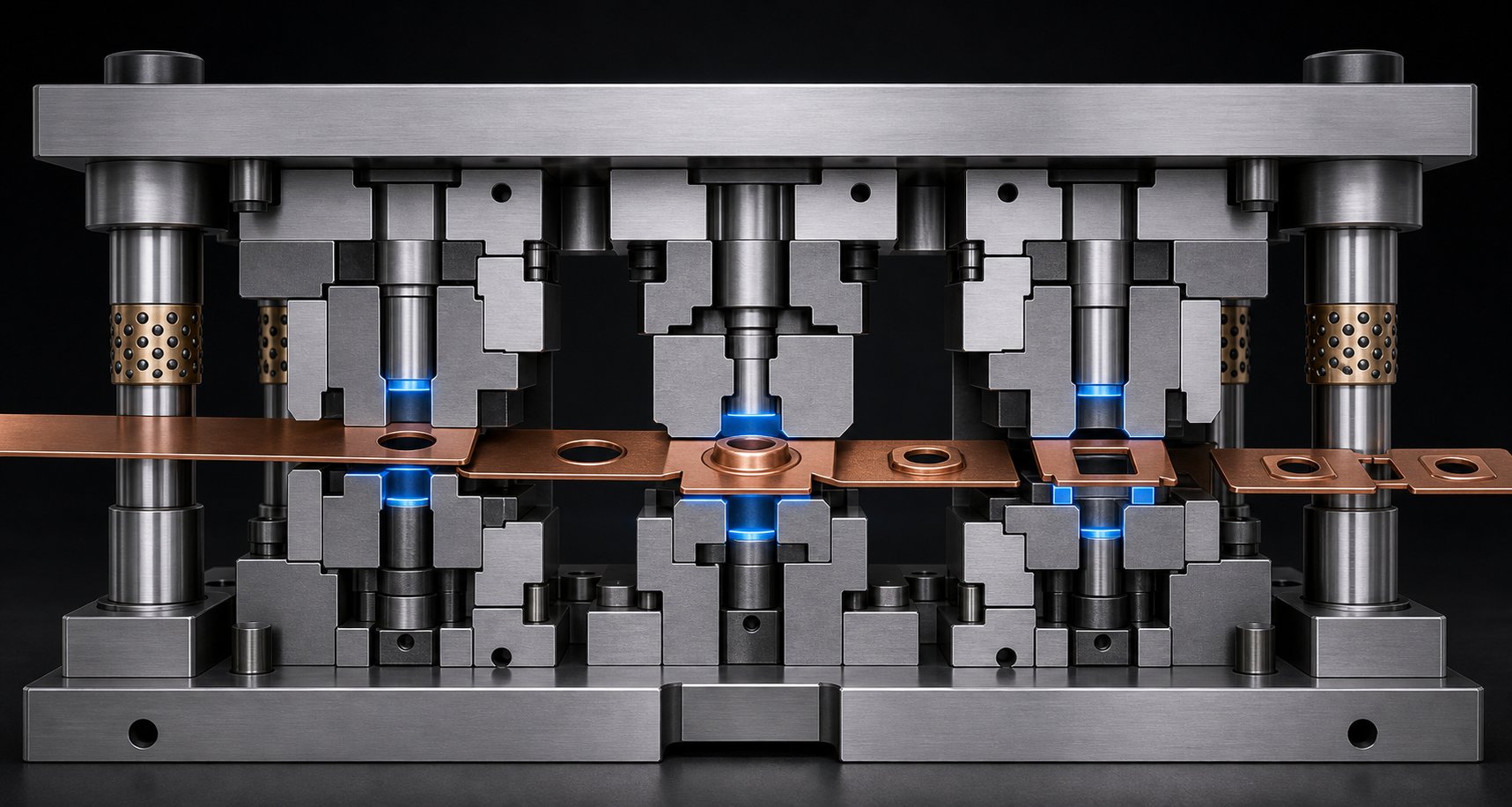 info-1-1 progressive stamping die showing carbide component placement across multiple working stations